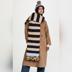 Nwt Initially Priced At $495 Tory Burch Striped Oversized Beanie And Scarf Set Zig Zag Scarf, Tory Burch Scarf, Oversized Beanie, Striped Beanie, Mohair Scarf, Pompom Scarf, Cable Knit Scarf, Logo Scarves, Reversible Scarf