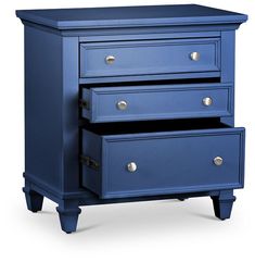 a blue dresser with three drawers and two pulls on the bottom, in front of a white background