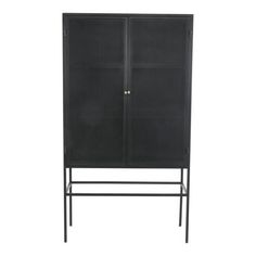 a black cabinet with two doors on one side and an iron frame on the other