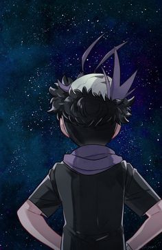 an anime character with his back to the camera looking up at the stars in the sky