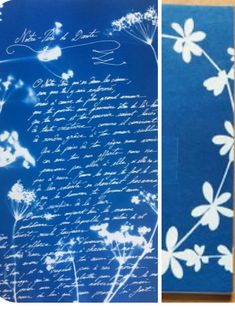 two pictures side by side, one is blue and the other has white flowers on it