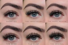 The Flirt - Our boldest style for those that need extra drama and fullness. Shorter than the Original, but with a flirty curl and much more fullness. The Original - Our longest and most popular style! The Original was the lash that started it all. A full and slightly dramatic lash that still looks as natural as ever. The Happy (Medium) - This style features a length that falls in between The Original and Shorties. This was the most requested style for all those who wanted a little more fullness Flutter Habit Lashes, Natural Fake Eyelashes, Full Eyelashes, Eyelash Extensions Styles, Lash Extensions Styles, Volume Lash Extensions, Full Lashes, Eyelash Sets, Sample Box