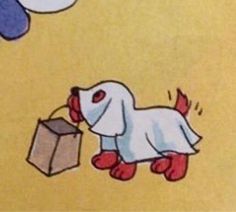 a cartoon dog carrying a shopping bag in it's mouth and looking at the ground