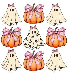 halloween pumpkins with ghost faces and pink bows, all decorated in different shapes and sizes