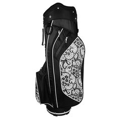 a black and white golf bag with skulls on the front, sitting against a white background