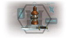 an image of a lantern with a knife in it's handle and some other items around it