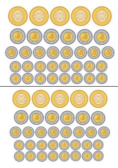 two rows of coins with different currency symbols on them