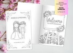 two wedding coloring pages with pink flowers in the background and an open book on top