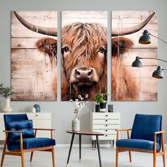 three paintings of cows are hanging on the wall