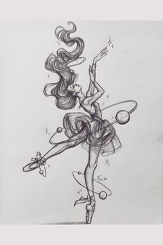 a pencil drawing of a ballerina girl with her arms in the air, holding a hoop