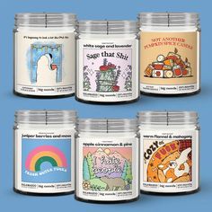 six candles are shown in different colors and sizes, each with an image of the same character