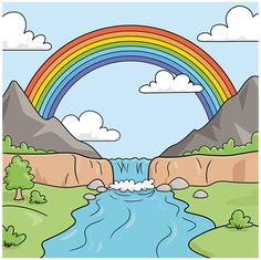 a rainbow over a river with mountains and clouds in the background, as well as a waterfall