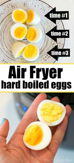 an image of hard boiled eggs on a plate with text overlay that says air fryer hard boiled eggs