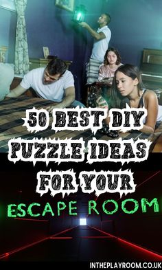 some people are sitting on a bed with the words 50 best diy puzzle ideas for your escape room