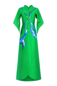 Butterfly A-line Cape Sleeved Zibeline Floor Length Ao Dai | MEAN BLVD Elegant Green Dress With Kimono Sleeves, Fitted Silk Kaftan For Spring, Spring Kaftan With Kimono Sleeves And Fitted Design, Spring Fitted Kaftan With Kimono Sleeves, Spring Evening Silk Kaftan, Fitted Elegant Kaftan For Spring, Long Silk Fitted Kaftan, Fitted Long Silk Kaftan, Fitted Silk Long Kaftan