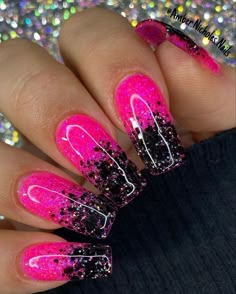 Pink Black Nails, Solar Nails, Pink Glitter Nails, Hot Pink Nails, Ombre Nails Glitter, Fancy Nails Designs