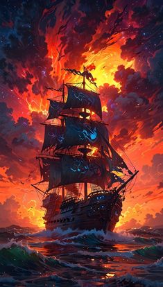 a painting of a ship in the middle of an ocean at sunset with clouds and stars