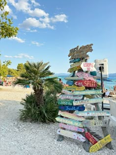 there is a tree made out of signs on the beach