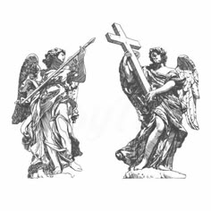 two drawings of angels holding crosses