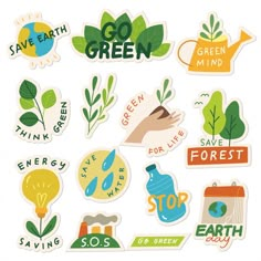 various stickers that say go green, save earth and protect the environment on white background