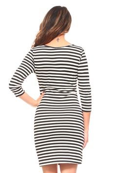 This stylish striped midi length dress is the perfect day-to-night piece, whether you dress it up or down. Featuring a stripe pattern, overlapping wrapped waist and a bodycon design to hug your curves. 3/4 sleeves on a boatneck Mini length hem shows off your legs Conforms to your figure 100% Polyester Hand Wash Cold, Tumble Dry Flat Measurements: Small (2-4): Bust- 32", Wiast- 28", Hips- 34", Length- 35" Medium (6-8): Bust- 34", Waist- 30", Hips- 36", Length- 35.5" Large (10-12): Bust- 36", Wais Striped V-neck Mini Dress For Work, Striped Fitted V-neck Dress, Striped Fitted V-neck Mini Dress, Striped Mini Bodycon Dress For Spring, Elegant Striped Bodycon Midi Dress, Striped Bodycon Knee-length Mini Dress, Striped Midi Bodycon Dress, Chic Striped Mini Bodycon Dress, Striped V-neck Fitted Dress