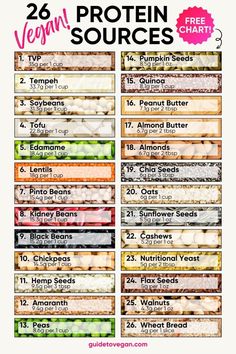 the 25 vegan protein sources list is shown in this graphic style, with text overlay