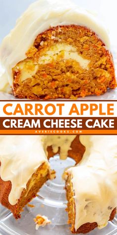 Don't miss out on this fall baking idea! With a cream cheese tunnel and a cream cheese frosting, this carrot apple cake is a delicious yet easy Thanksgiving dessert. Save this easy apple recipe and enjoy this twist on carrot cake! Tunnel Cake, Carrot Sheet Cake Recipe, Cake With Apples, Cake Recipes For Beginners, Moist Carrot Cake, Apple Cream Cheese, Apple Cream