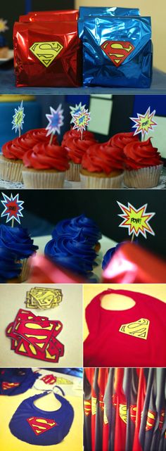 superman cupcakes with red frosting and blue icing are on the table