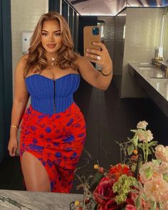 Blue Corset Top, Red Floral Skirt, Blue Corset, Stylish Summer Outfits, Mombasa, Classy Fashion