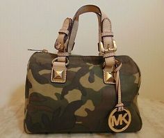 (eBay) Michael Kors Grayson Green Camo Leather Satchel Handbag Designer Michael Kors Satchel With Handles, Michael Kors Green Satchel Bag, Camo Purse Outfit, Chic Green Michael Kors Bag, Luxury Green Michael Kors Bag, Camo Handbags, Camo Purse, Leather Satchel Handbags, Satchel Handbags