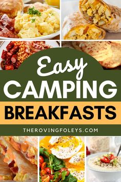 the words easy camping breakfasts are overlaid with images of food