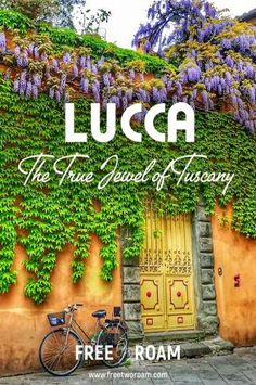 a bike parked in front of a building covered in purple flowers and vines with the words lucia