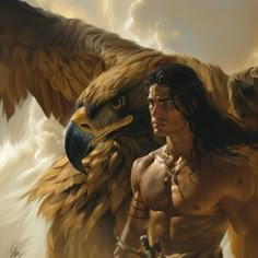 a painting of a man with an eagle on his shoulder and the head of a bird in front of him