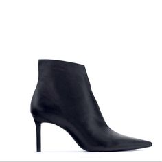 Zara Pointed Leather Heeled Ankle Boots Or Booties. V-Split At The Front. Inner Side Zipper Closure And Pointed To. Size 8 Chic Formal Booties With 4-inch Heel, Chic 4-inch Heel Booties For Formal Occasions, Leather High Ankle Heeled Boots With Wrapped Heel, Leather High Ankle Boots With Wrapped Heel, Chic High Heel Booties With Wrapped Heel, Ankle Heeled Boots For Workwear With 4-inch Heel, Workwear Ankle Boots With 4-inch Heel, Elegant Fall Booties With 4-inch Heel, Spring Workwear Heeled Boots With 4-inch Heel