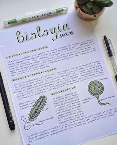 a close up of a paper with writing on it next to a pen and a plant