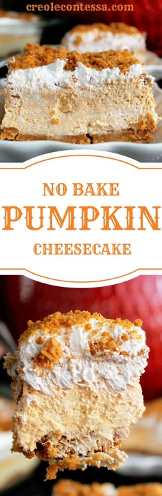 no bake pumpkin cheesecake on a plate with an apple in the background and text overlay