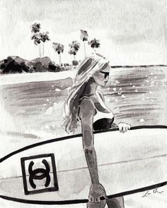 a drawing of a woman carrying a surfboard