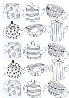 teapots and cups are drawn in black and white