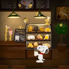 a cartoon dog standing in front of a display case filled with cookies and pastries