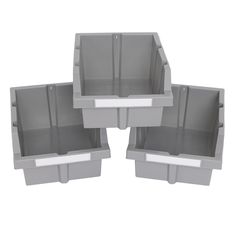 four grey plastic storage containers stacked on top of each other