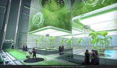 some people are walking around in a futuristic building with plants growing out of the ceiling