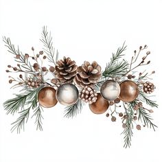 a watercolor painting of christmas decorations and pine cones