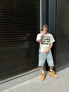 Outfits With Timbs Men, Timbs Outfit Men Summer, Jorts Mens Outfits Timberland, Jorts Streetwear Outfit Men, Men Timberland Outfits, Jorts Outfit Timbs Men, Timberland Summer Outfits, Men Timbs Outfits, Jorts Outfit Men’s