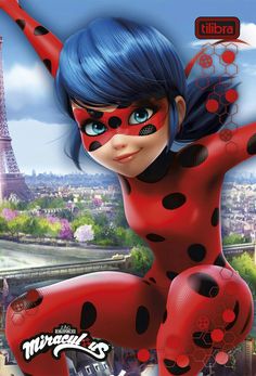 an animated character with blue hair and black spots in front of the eiffel tower