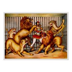 an image of a circus scene with lions and a woman in the caged area