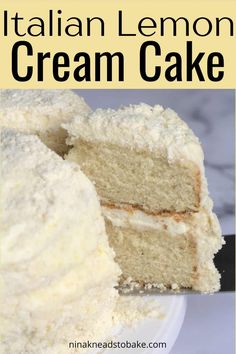 a close up of a slice of cake on a plate with the words italian lemon cream cake