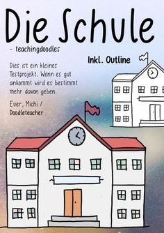 a drawing of a building with a clock on the top and words above it that read die schle