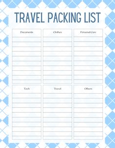 a travel packing list with blue and white checkered pattern on the bottom, in front of