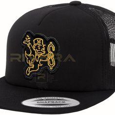 a black and gold snap back hat with an embroidered lion on the front