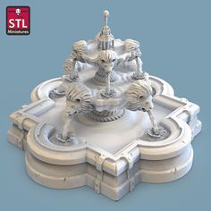 a white fountain with statues on it in the middle of a blue background that says stl miniatures